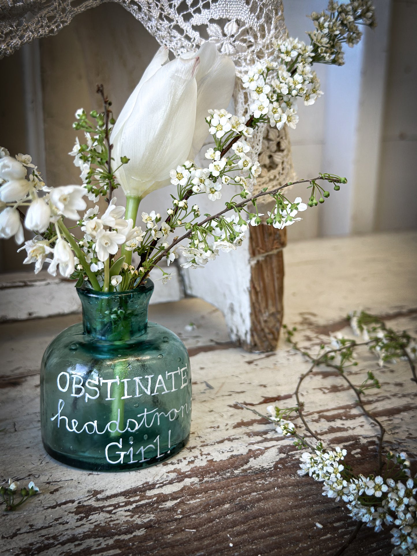 A beautiful Victorian glass ink bottle “Obstinate, headstrong girl”