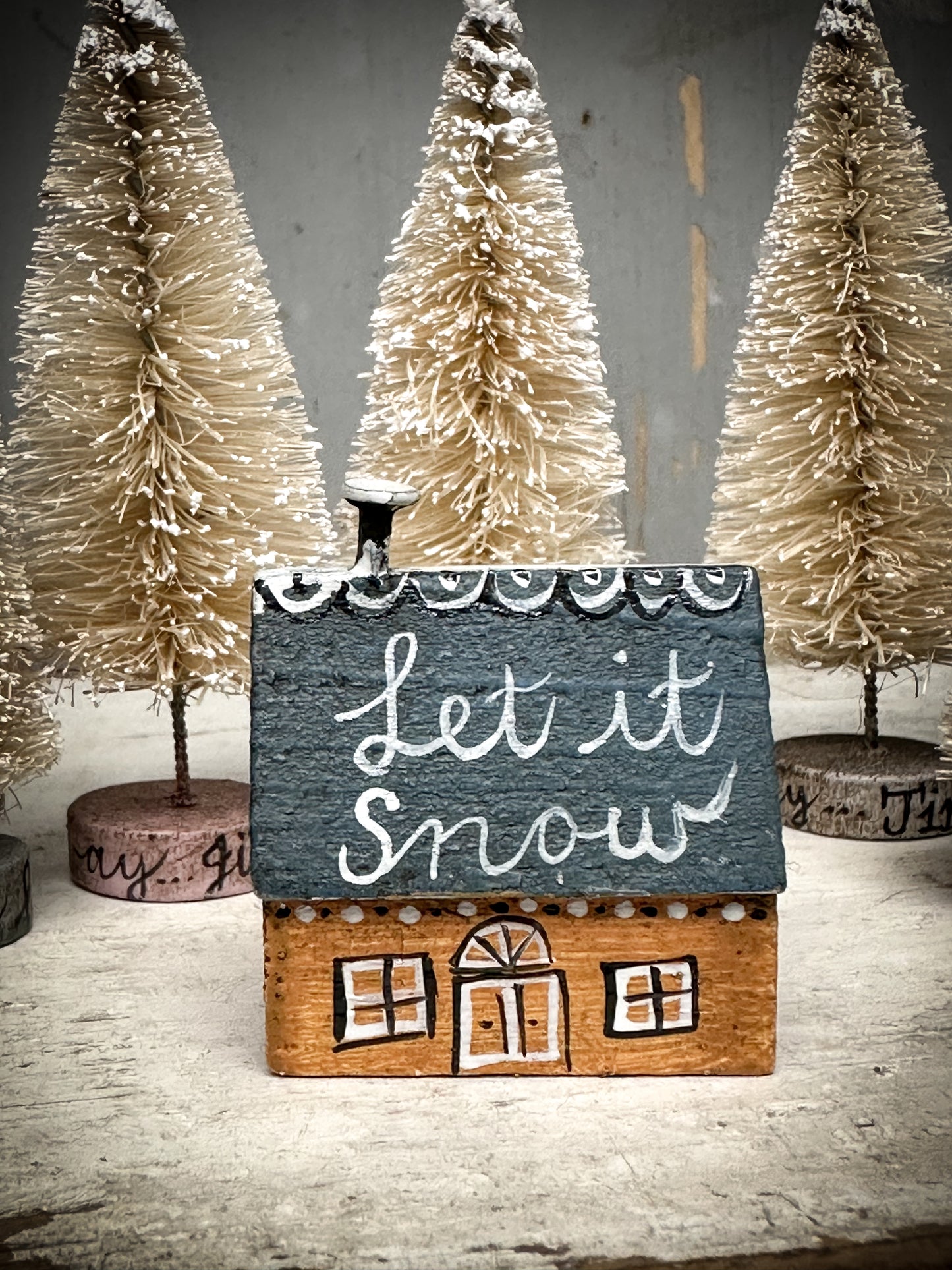 A small Vintage German Erzgebirge Putz Wooden Village House “Let it Snow”