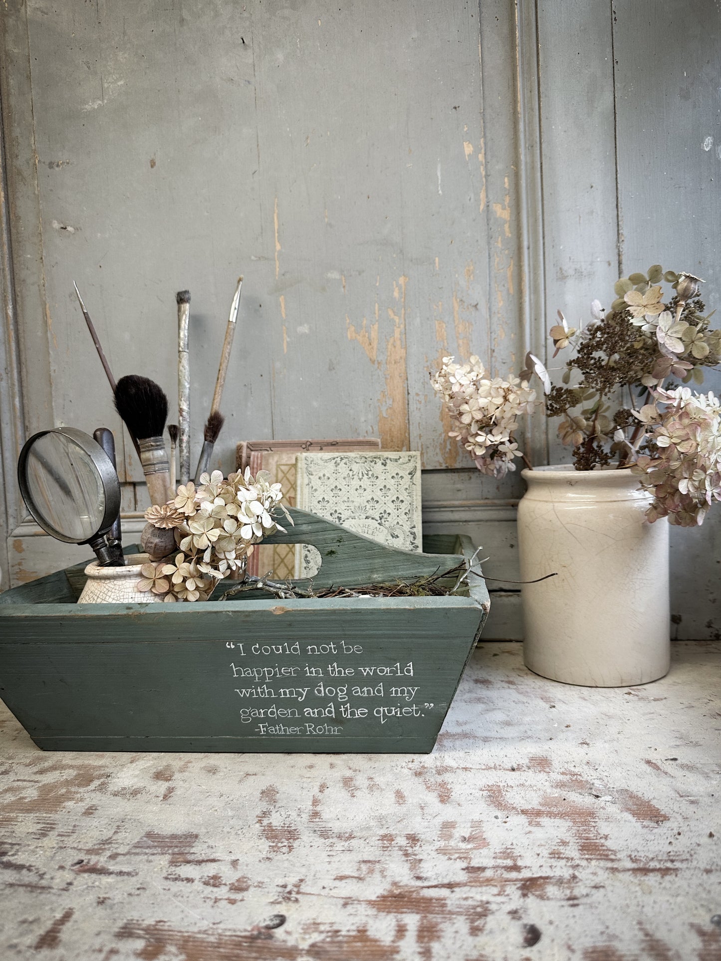 A Vintage Chippy Paint Wooden Trug With Garden Quote