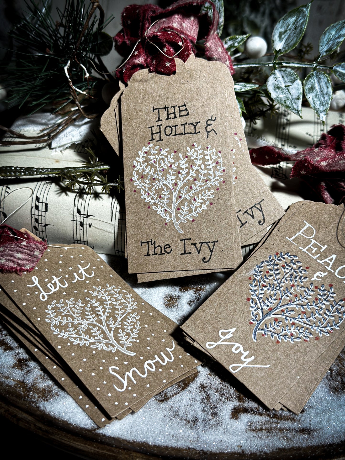 Pretty hand finished and illustrated gift tags with vintage French Fabric ties “Let it Snow”