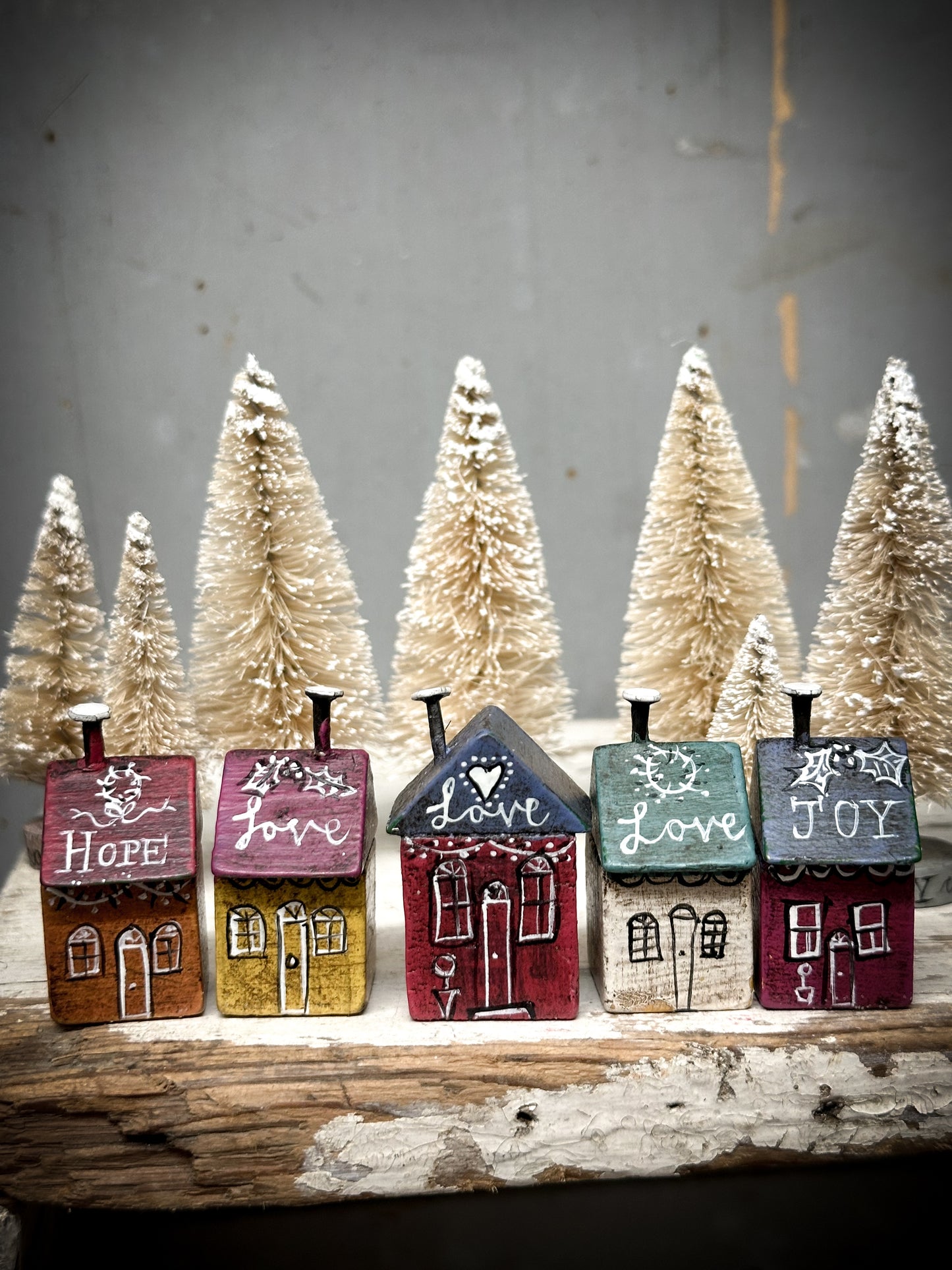 A mini Vintage German Erzgebirge Putz Wooden Village House “Love”