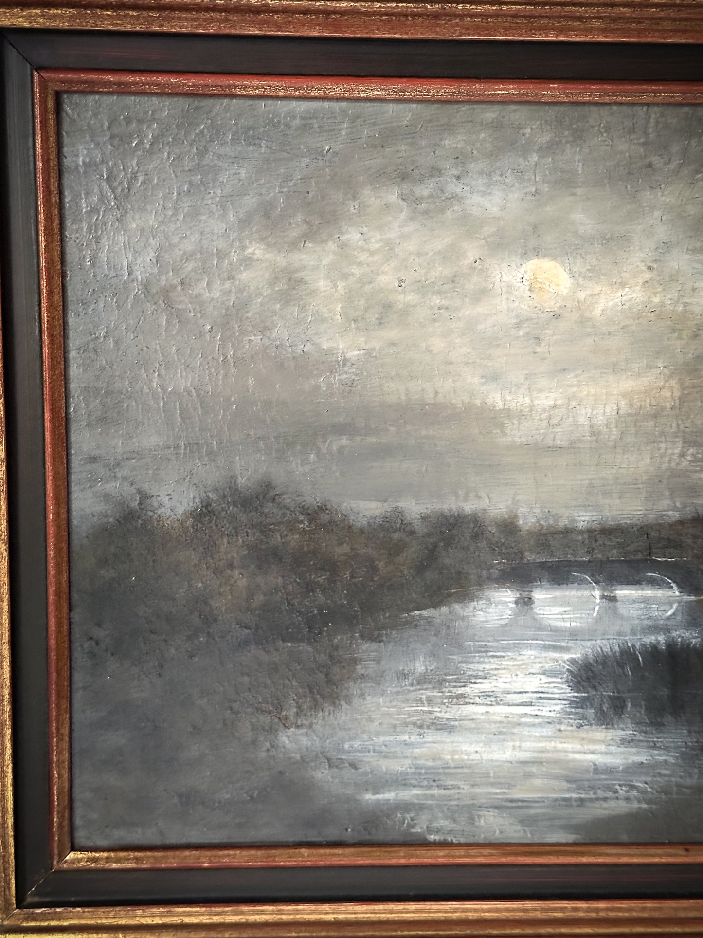 A beautiful antique landscape oil painting “Moonlight over the Bridge”