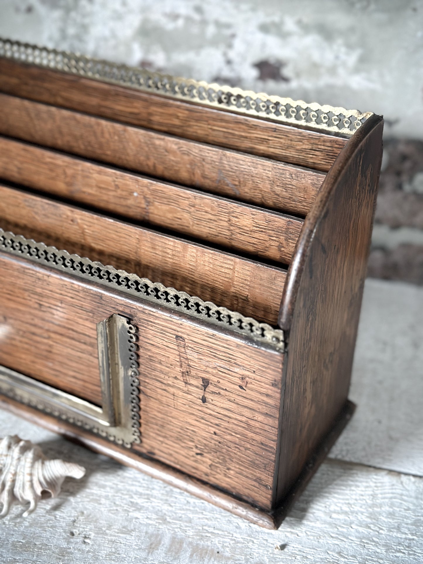 Victorian Oak Letter Rack with brass fretwork