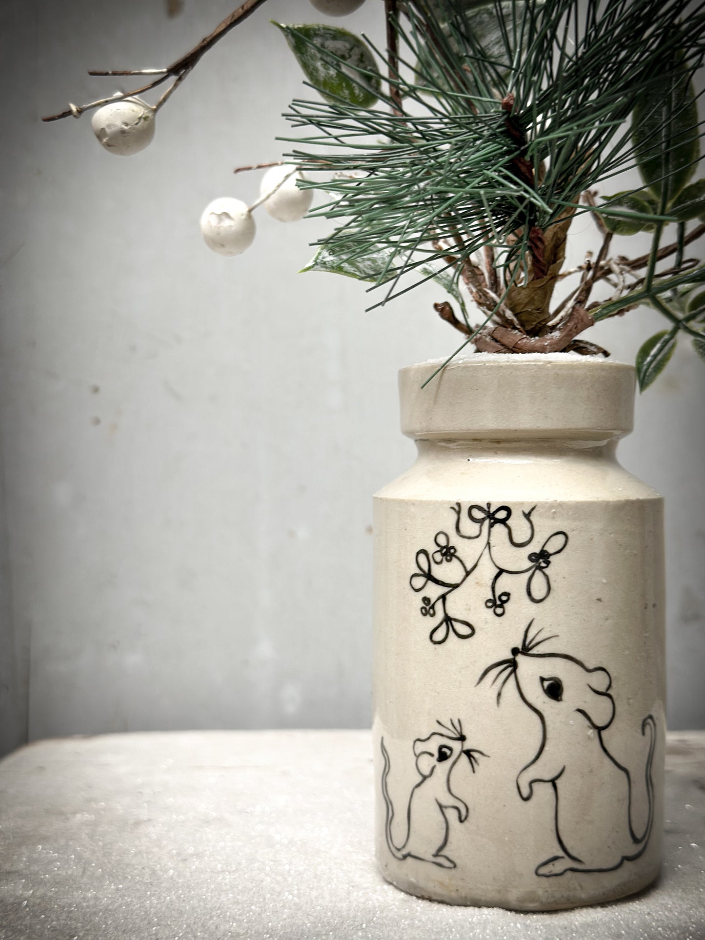 A Hand Painted Mini Victorian Illustrated “ Baby’s First Christmas” Stoneware Bottle