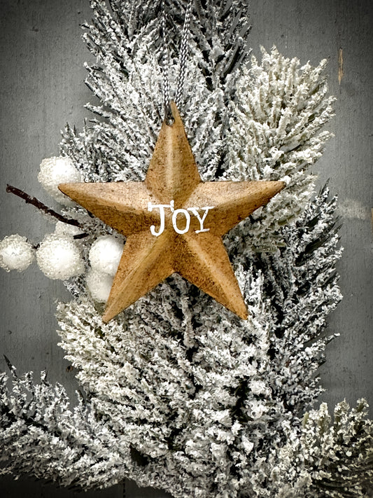 A Medium Mustard Tin Barn Star Christmas Decoration “Joy”