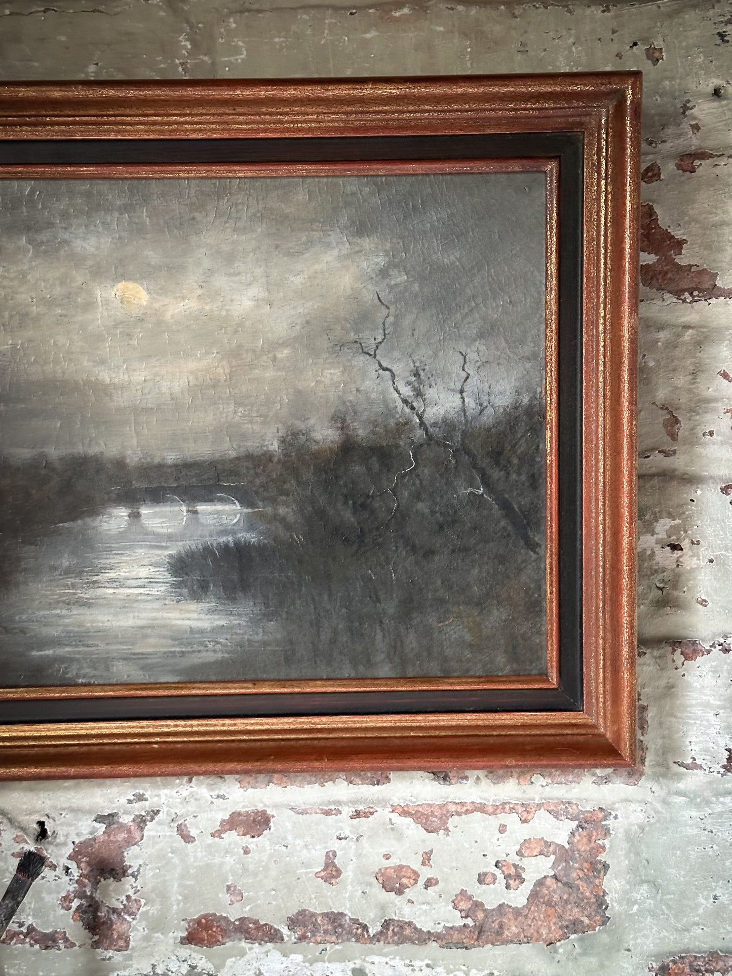 A beautiful antique landscape oil painting “Moonlight over the Bridge”