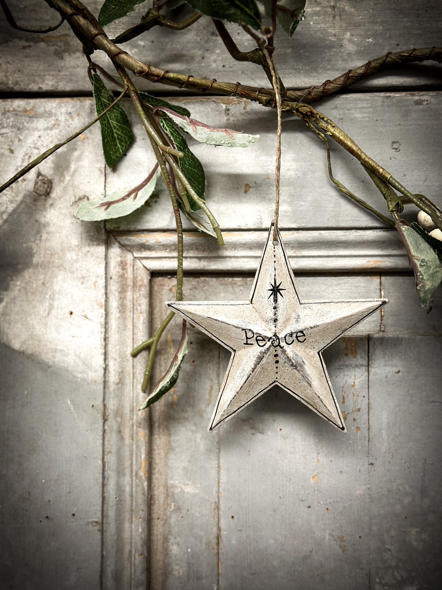 A Large Grey Tin Barn Star Christmas Decoration “Peace”