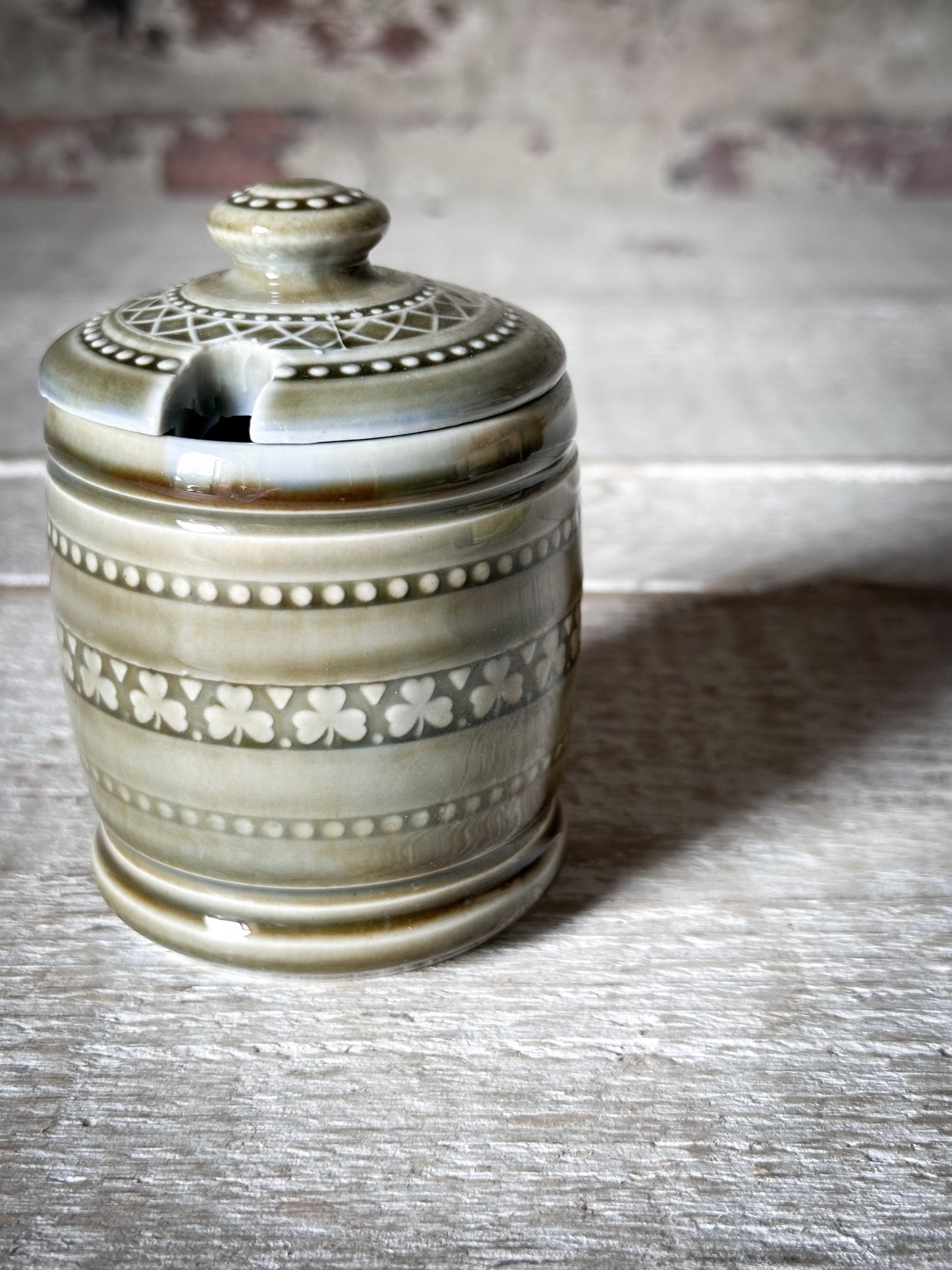 Vintage Irish Porcelain Honey Pot with Lid | Shamrock Stoneware Preserve Jar | Made in Ireland
