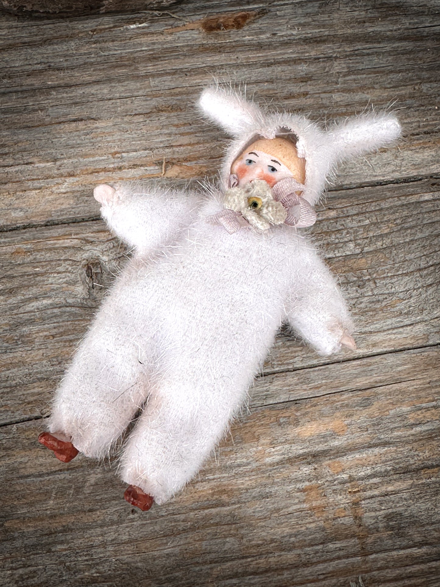 One of a Kind Handmade Artist Bunny Doll by Goody Two Shoes, Made from Victorian Bisque Doll, Miniature Collectible