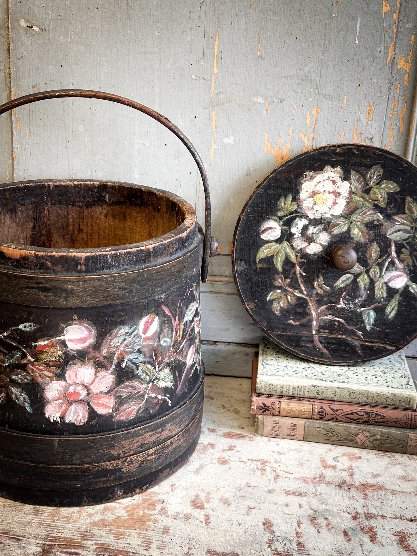 Antique Hand Painted Wooden Firkin Bucket (Scandi Folk Style)