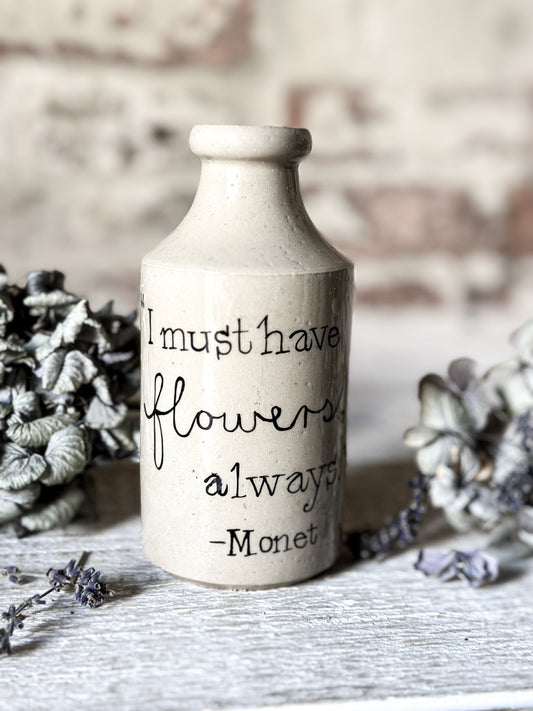 A Victorian unearthed stoneware pottery tall bottle with a hand painted quote