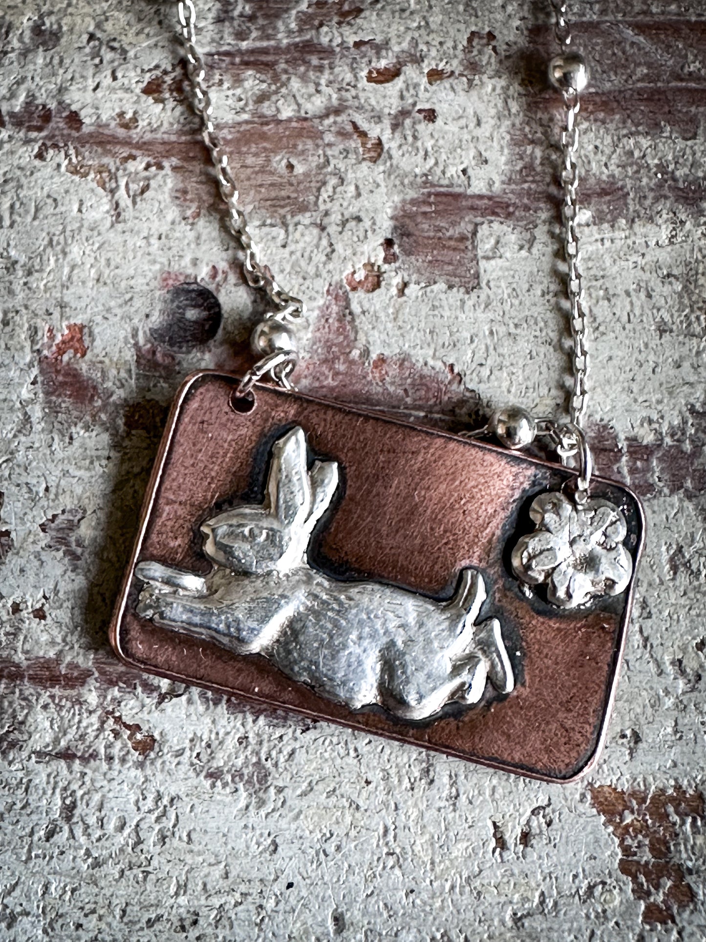 Meadow Rabbit Pendant – Silver & Etched Copper Necklace