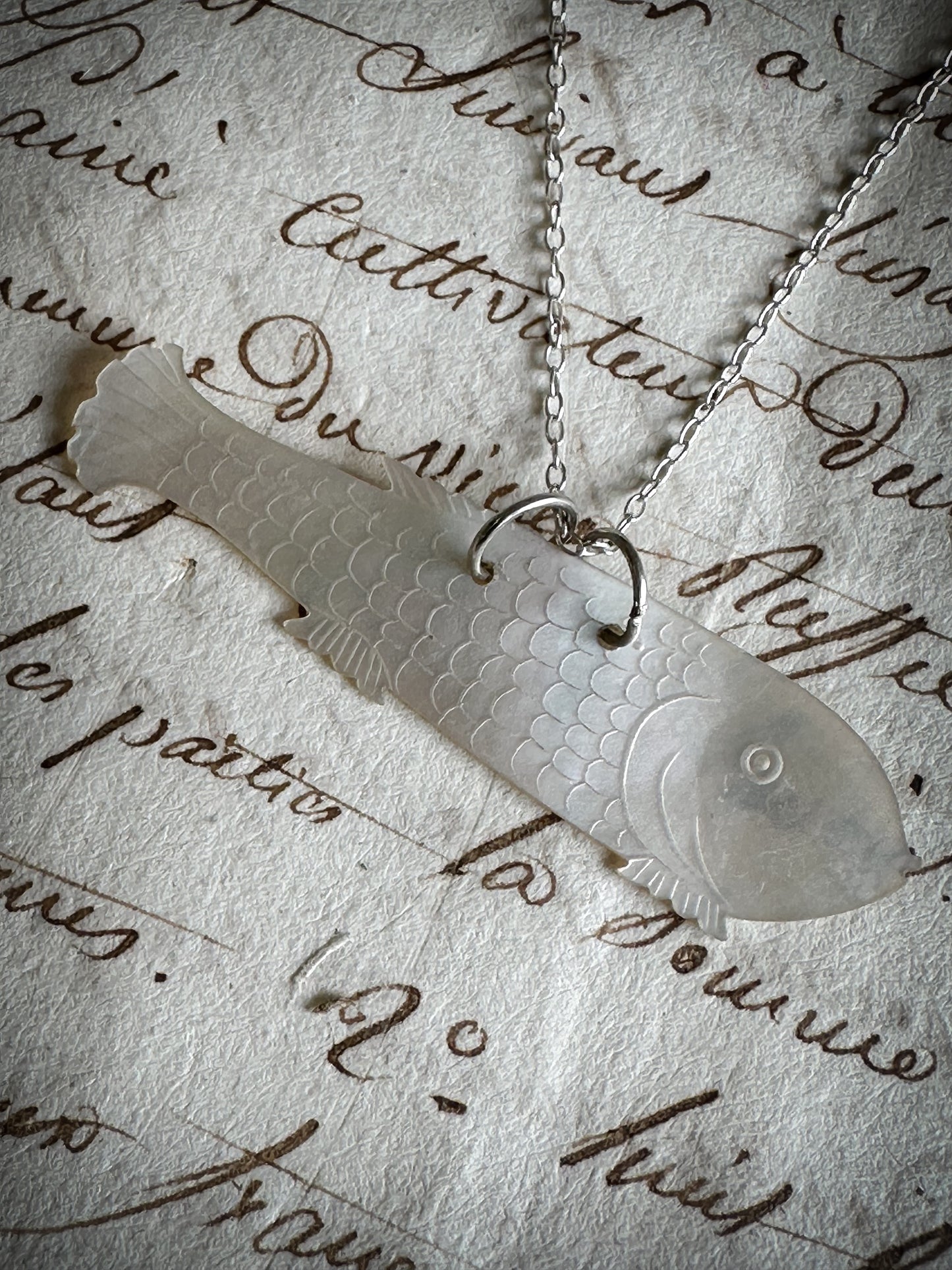 Found Object Mother of Pearl Fish Necklace by Jealous Moon Jewellery