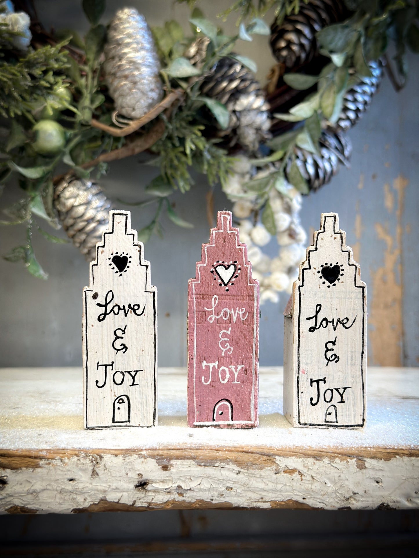 A Pretty Vintage German Erzgebirge Putz Wooden Village House “Love & Joy” White