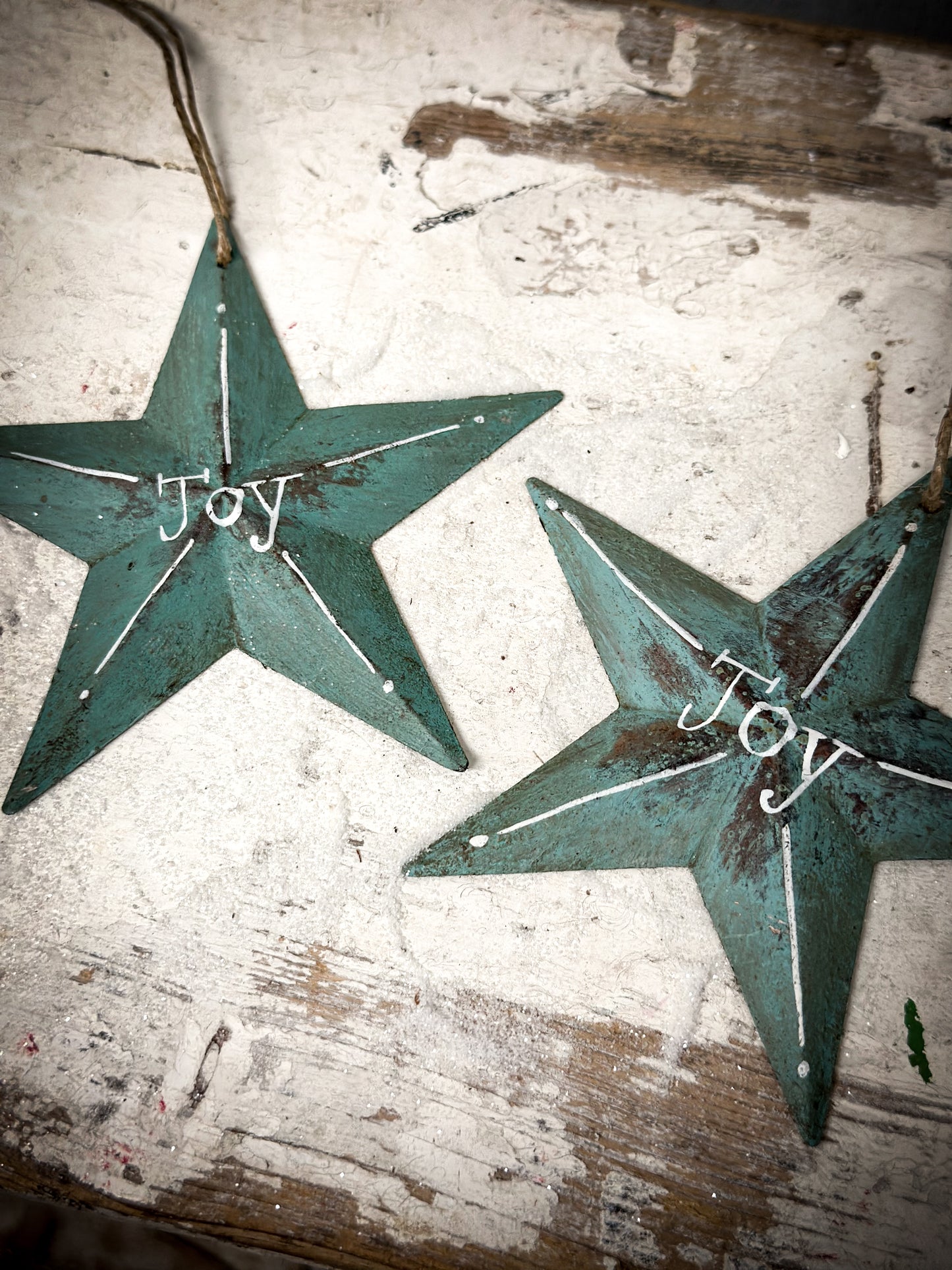 A Large Turquoise Tin Barn Star Christmas Decoration “Joy”