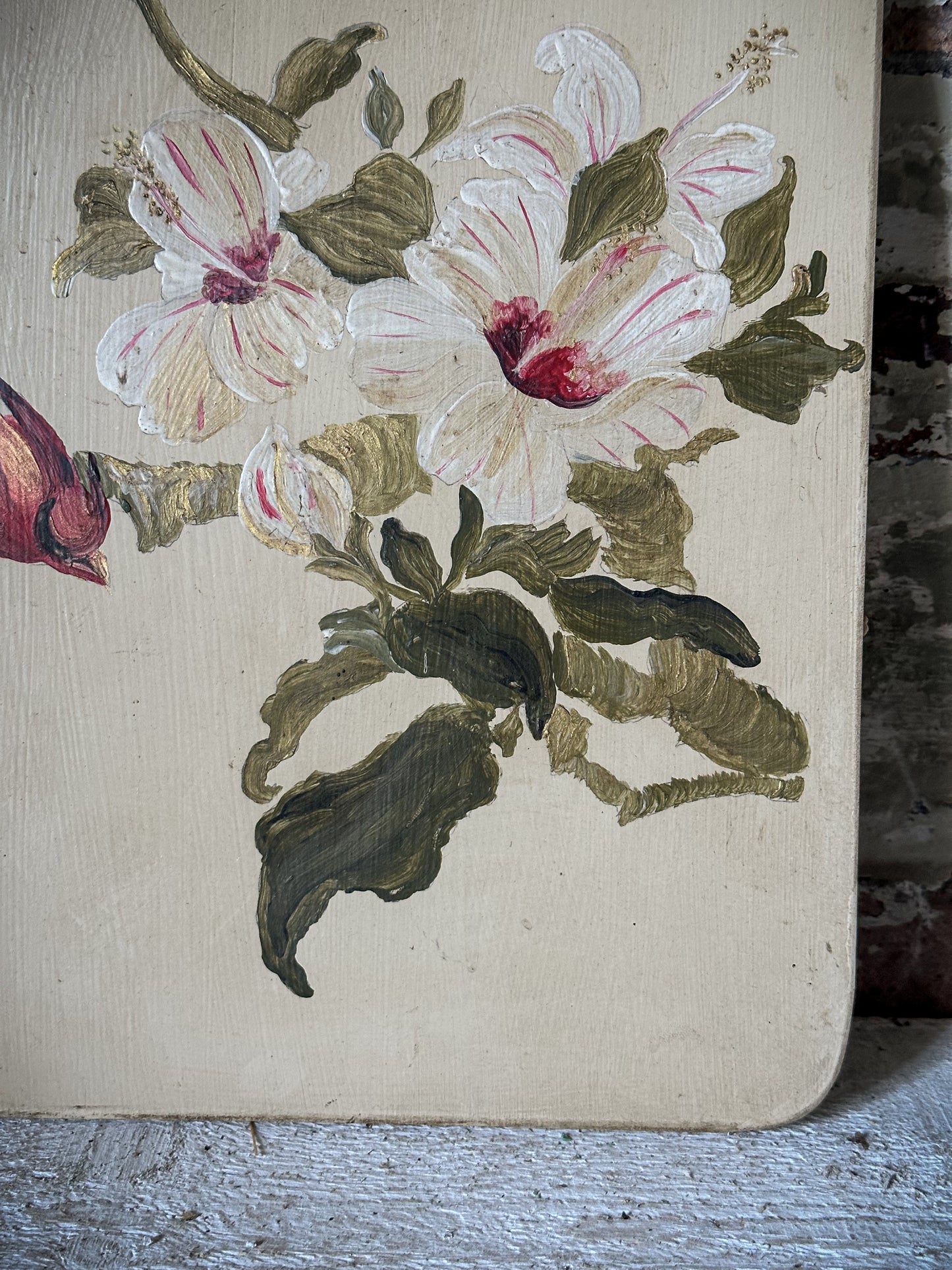 A Beautiful pair of Painted Panels with Hibiscus Flowers and Birds