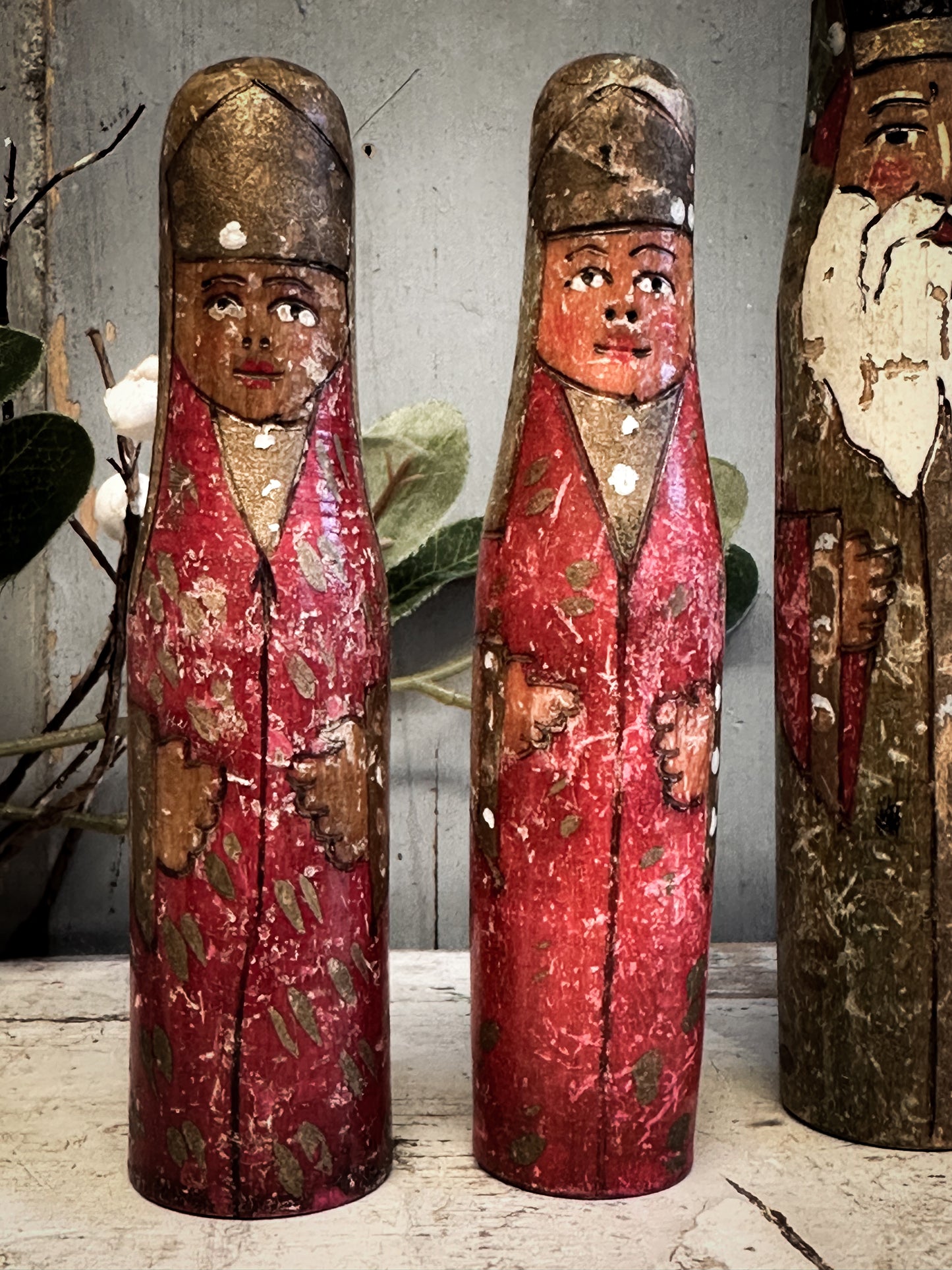 Exquisite Antique Hand-Carved Santa Figures – Set of Six (c. 1920–1930, Ex-Bletchley Museum Collection)