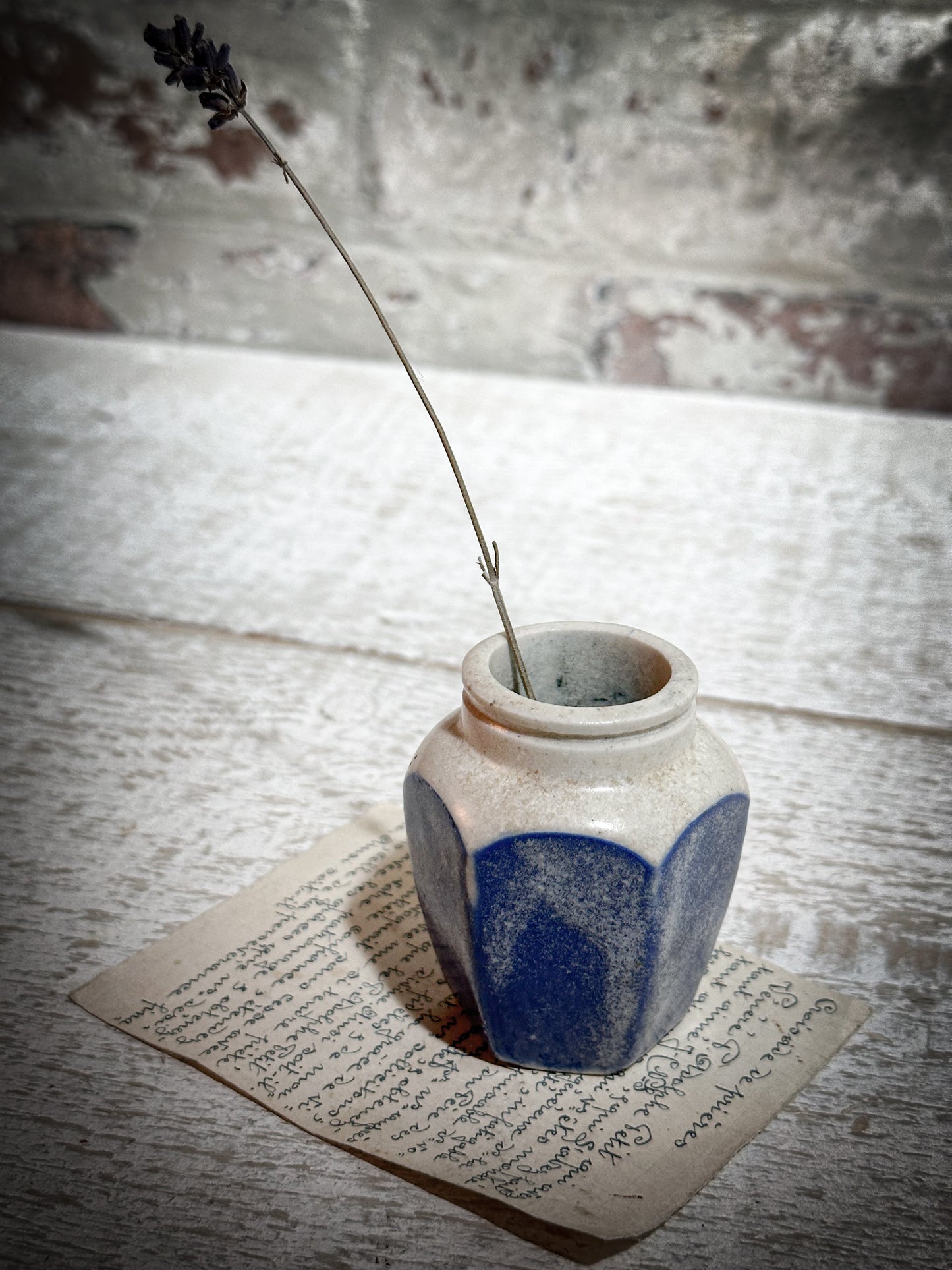 Antique Hexagonal Creamery Bottle with Blue Glaze