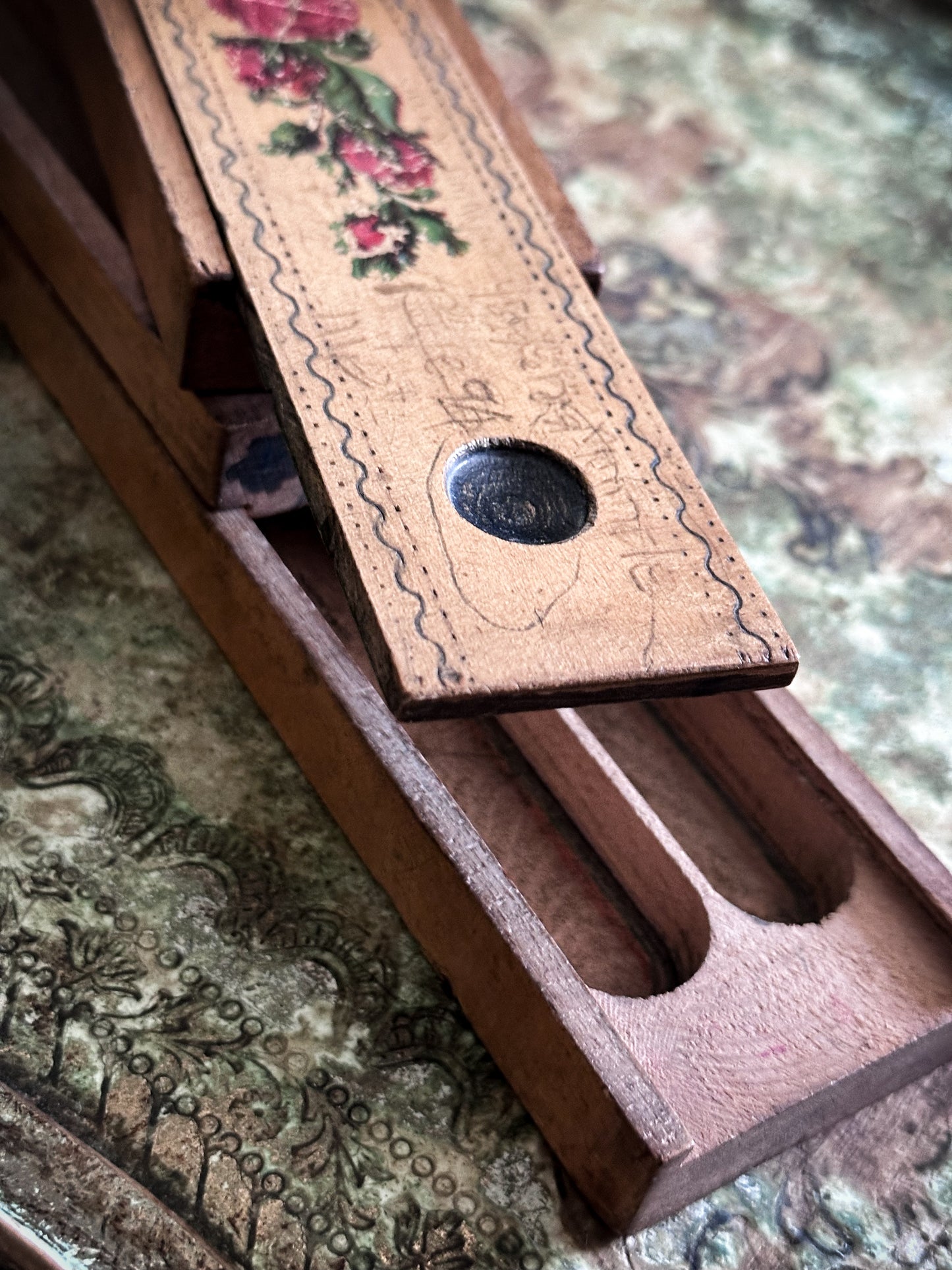 Vintage Wooden School Pencil Case with Roses