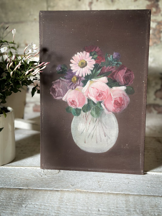 Oil on board vintage French painting of flowers