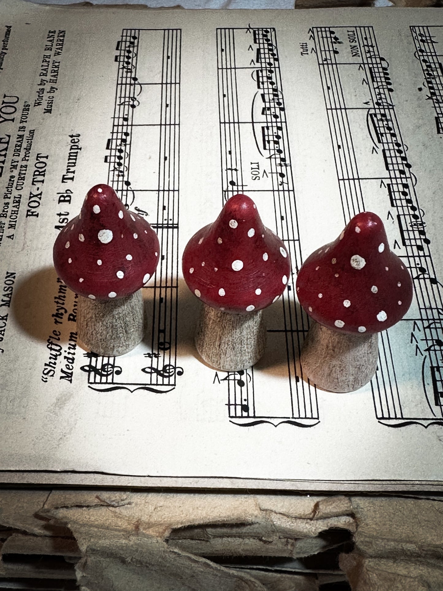 A wooden hand painted Christmas village toadstool