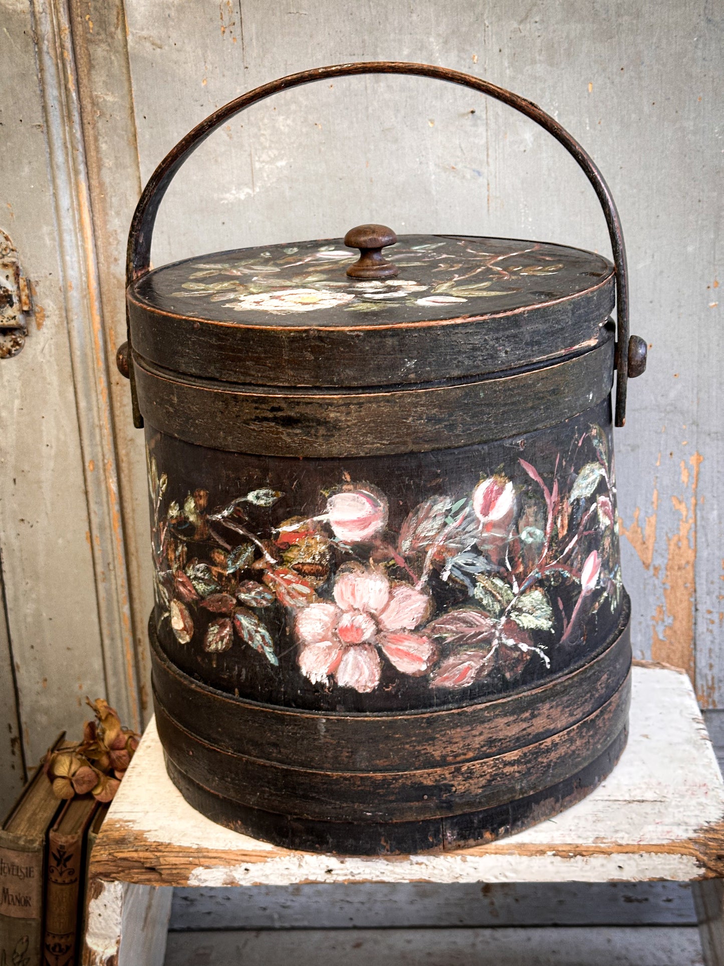 Antique Hand Painted Wooden Firkin Bucket (Scandi Folk Style)