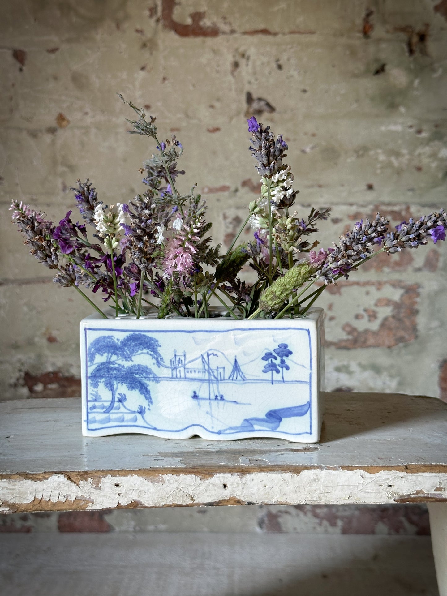 A beautiful Isis by Deborah seers Oxford, blue and white flower brick, tulipiere, flower frog, blue and white tin glaze vase