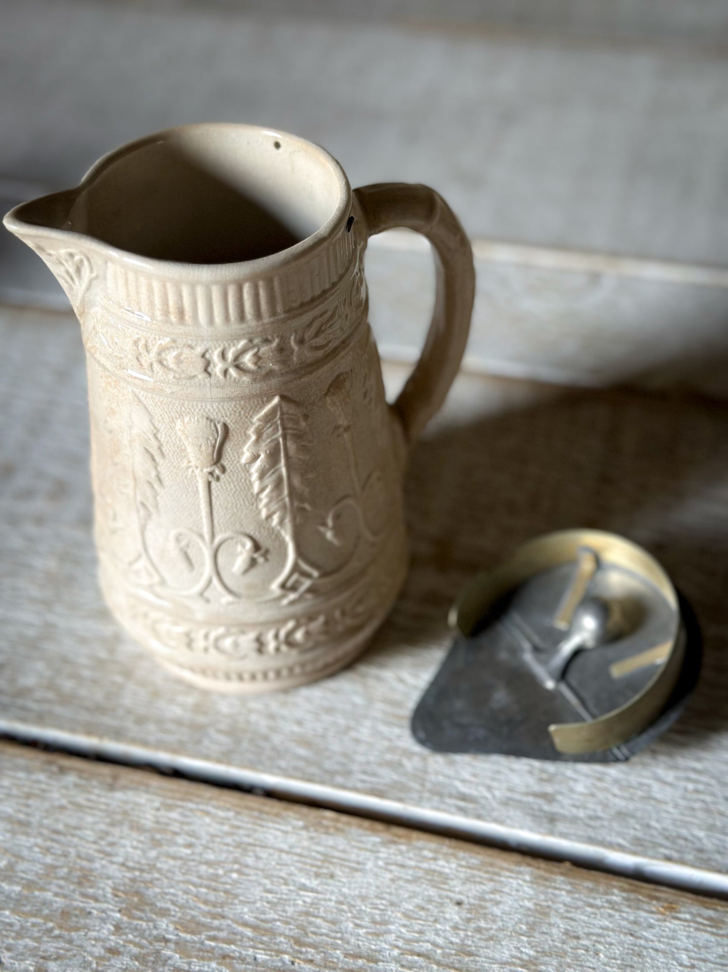 Antique Victorian Creamware Jug with Original Self-Closing Pewter Patent Lid