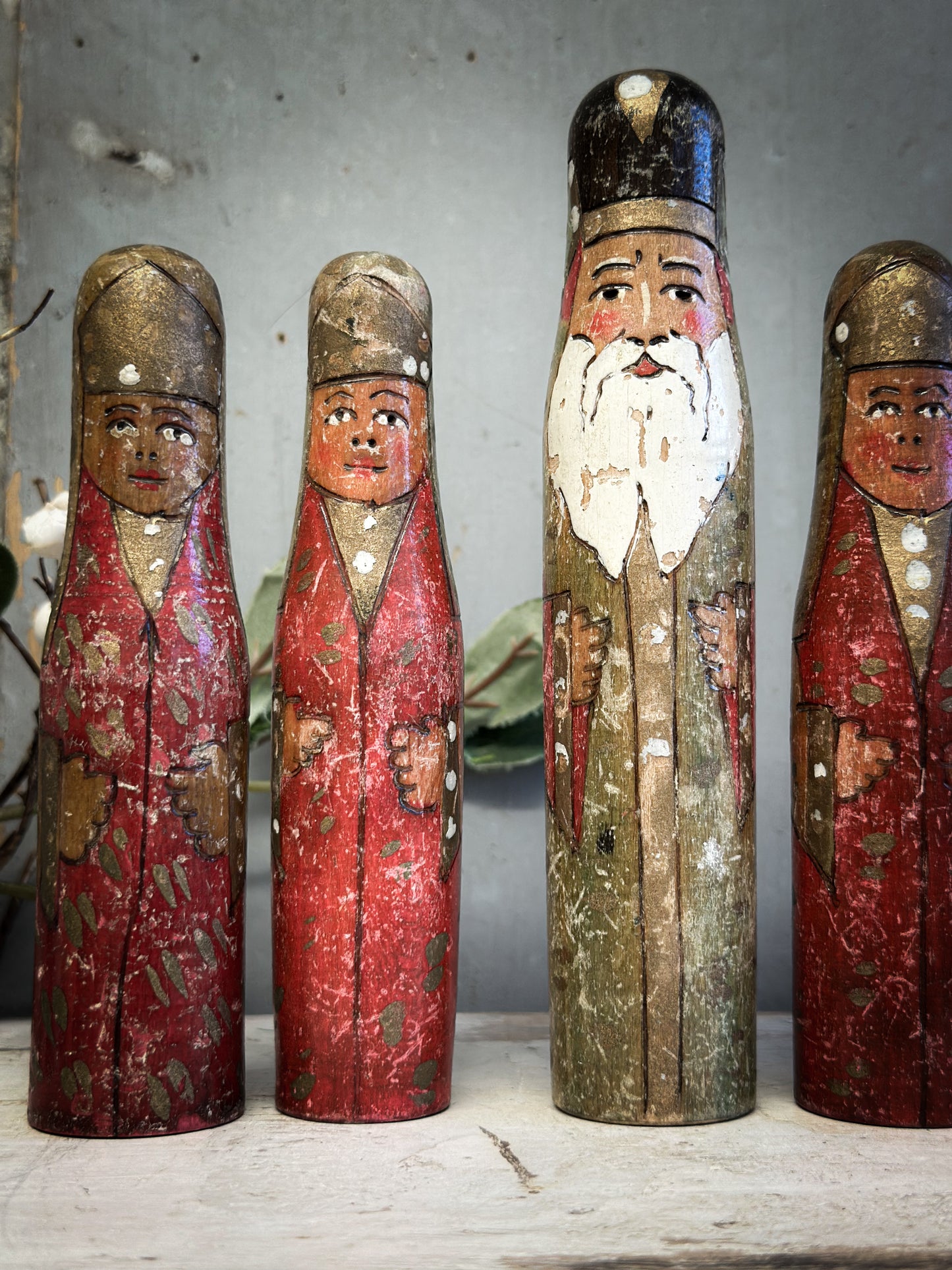 Exquisite Antique Hand-Carved Santa Figures – Set of Six (c. 1920–1930, Ex-Bletchley Museum Collection)