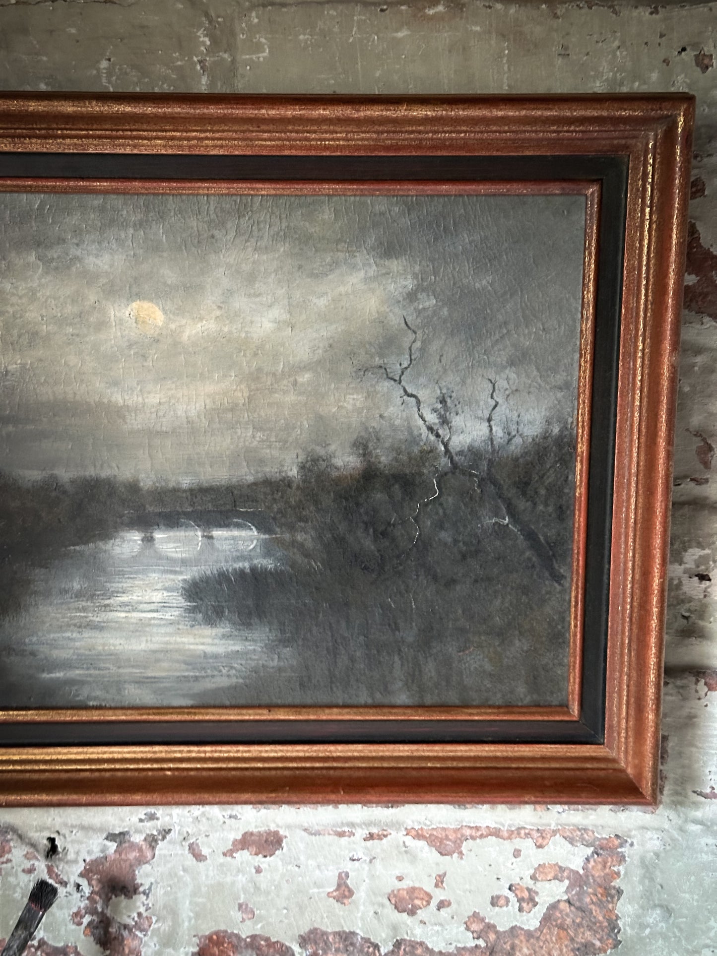 A beautiful antique landscape oil painting “Moonlight over the Bridge”