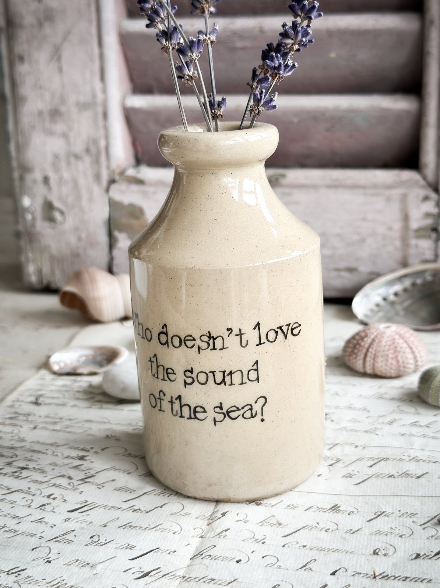 A Victorian unearthed stoneware pottery bottle with a hand painted quote