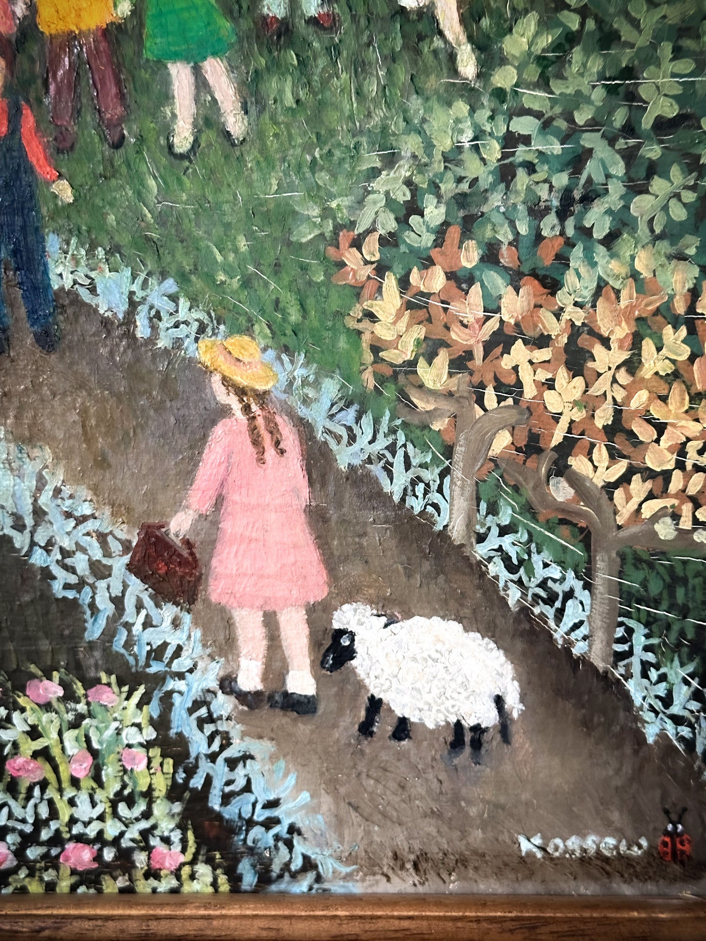 A Wonderful Vintage Naive Oil on Canvas Painting of a Nursery Rhyme “Mary Had a Little Lamb”