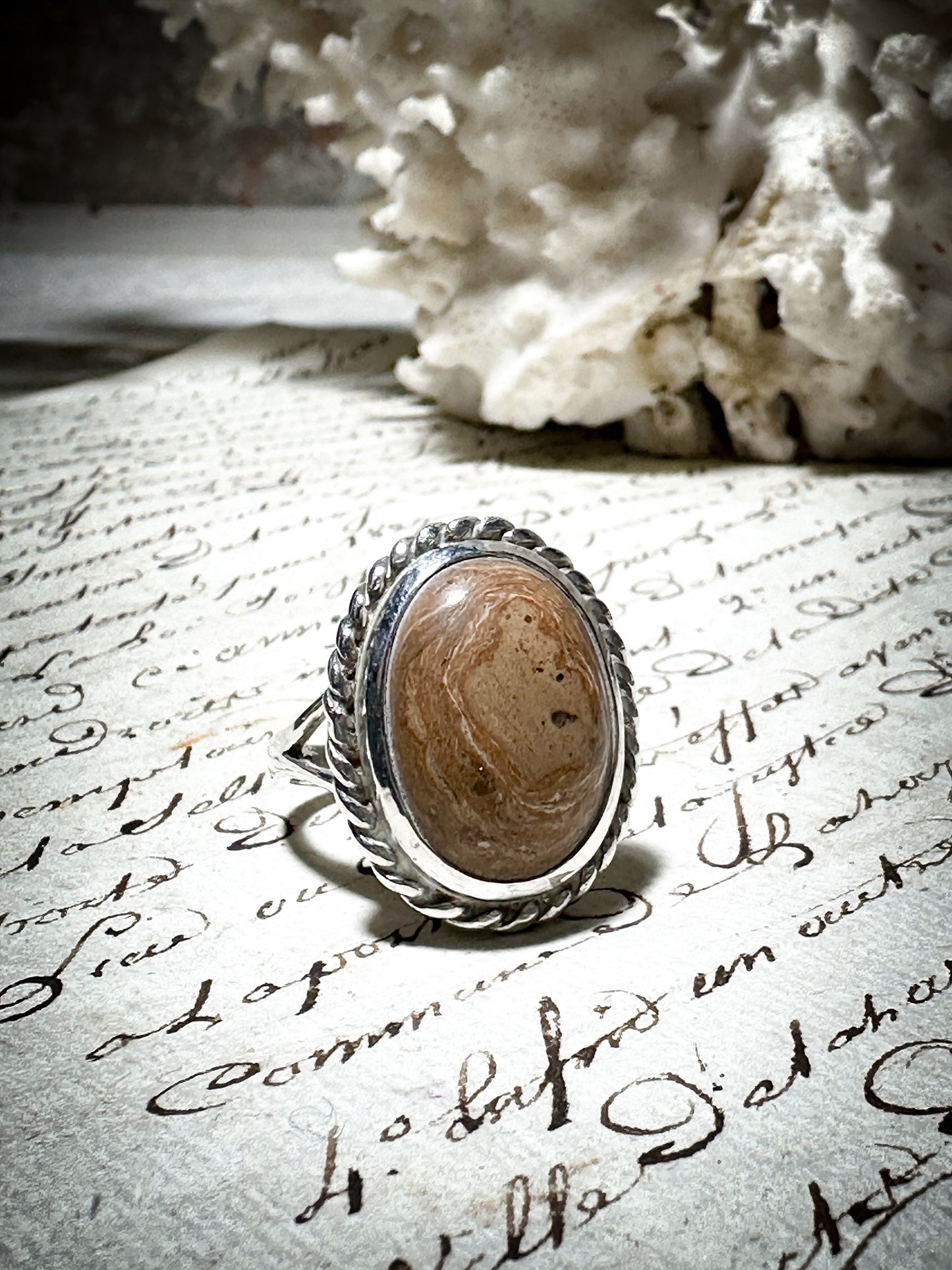 Vintage Hallmarked Silver Oval Moss Agate Ring