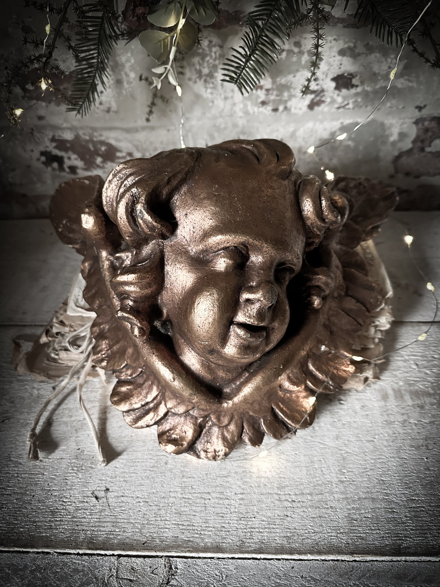 A stunning salvaged French plaster cherub decoration Gold