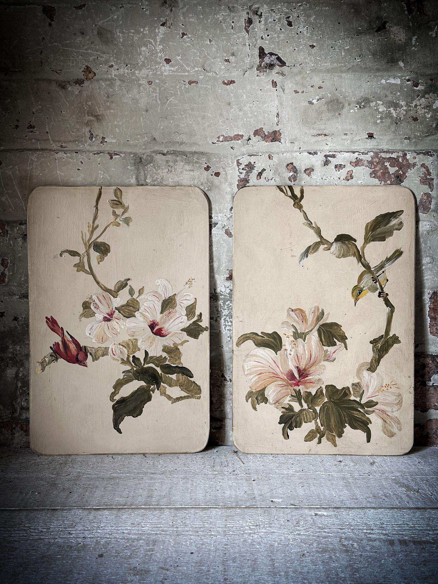 A Beautiful pair of Painted Panels with Hibiscus Flowers and Birds