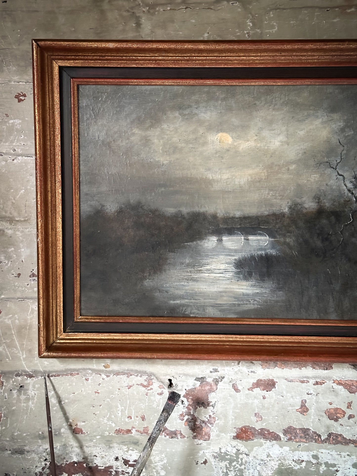 A beautiful antique landscape oil painting “Moonlight over the Bridge”