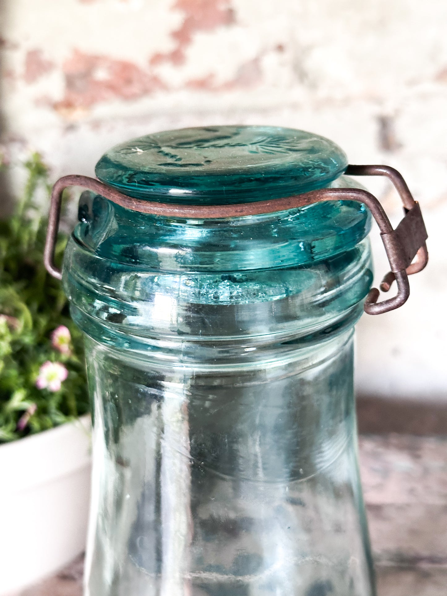 Vintage French Glass Jar – “La Lorraine” Aqua Storage Jar with Lid