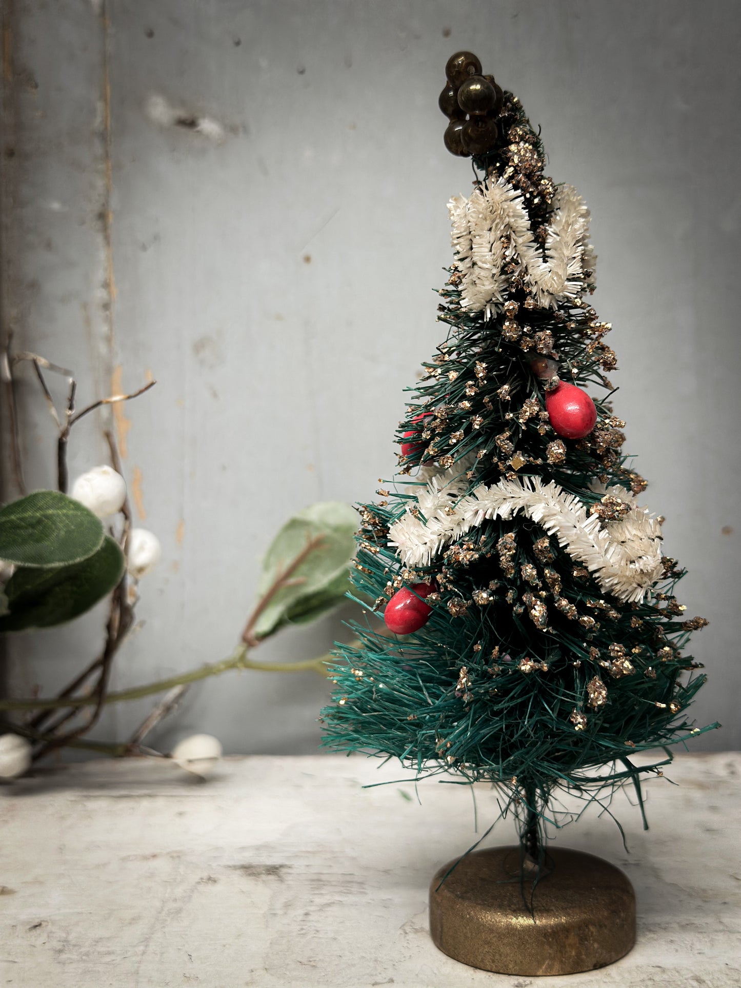 A Pair of Mid-Century Japanese Bottle-Brush Christmas Trees with Baubles – c.1950s–60s