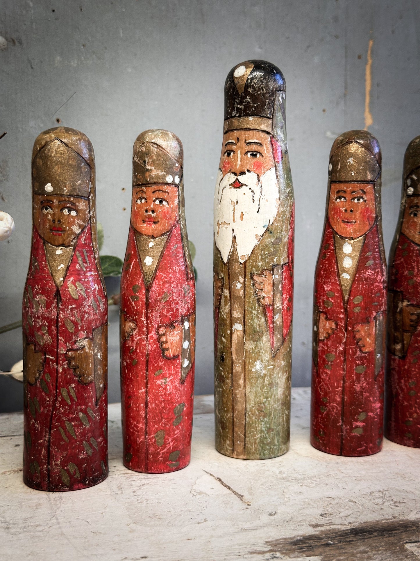 Exquisite Antique Hand-Carved Santa Figures – Set of Six (c. 1920–1930, Ex-Bletchley Museum Collection)