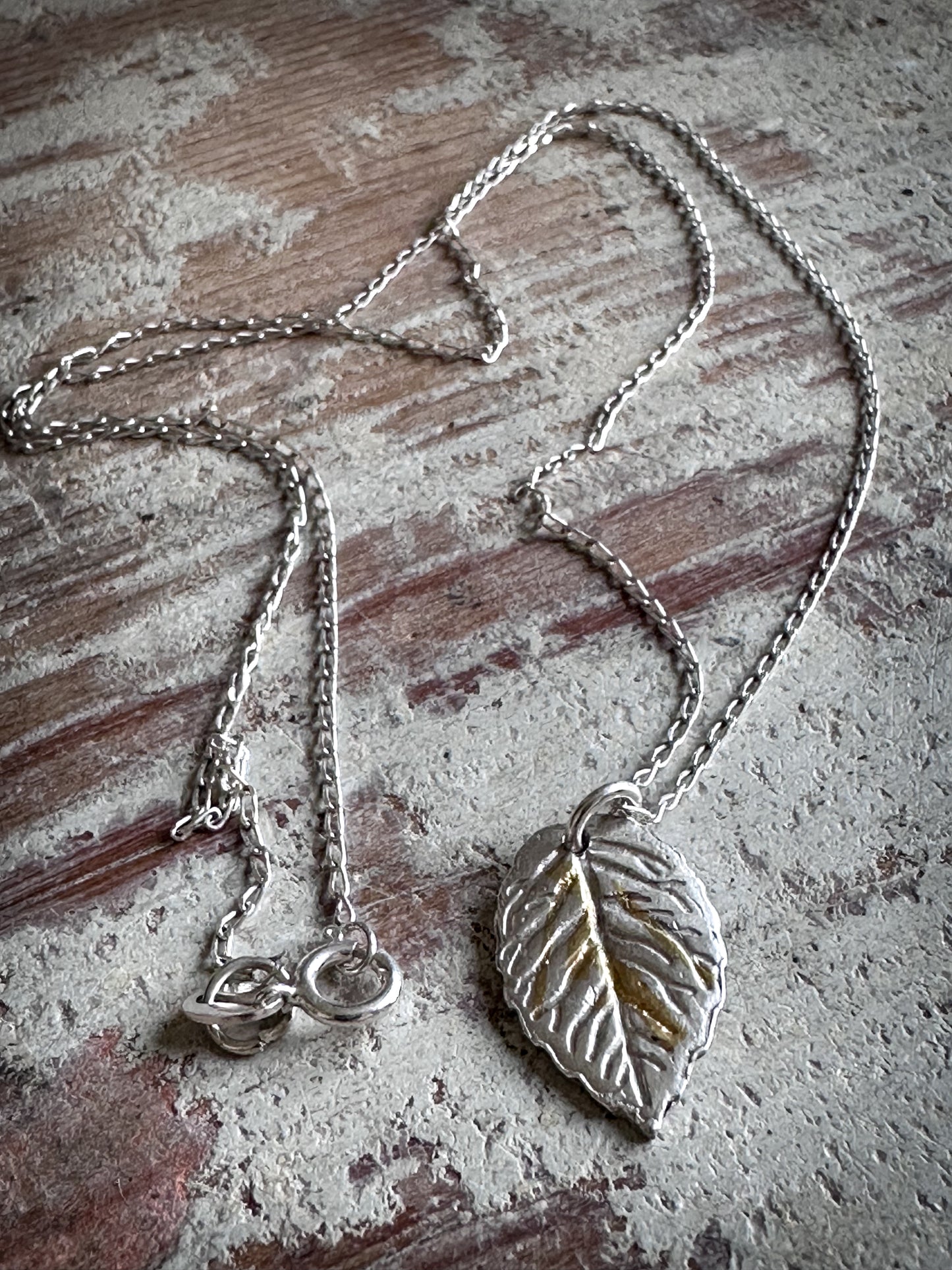 Sunlit Leaf Necklace – Fine Silver Leaf with Keum Boo Gold Detail