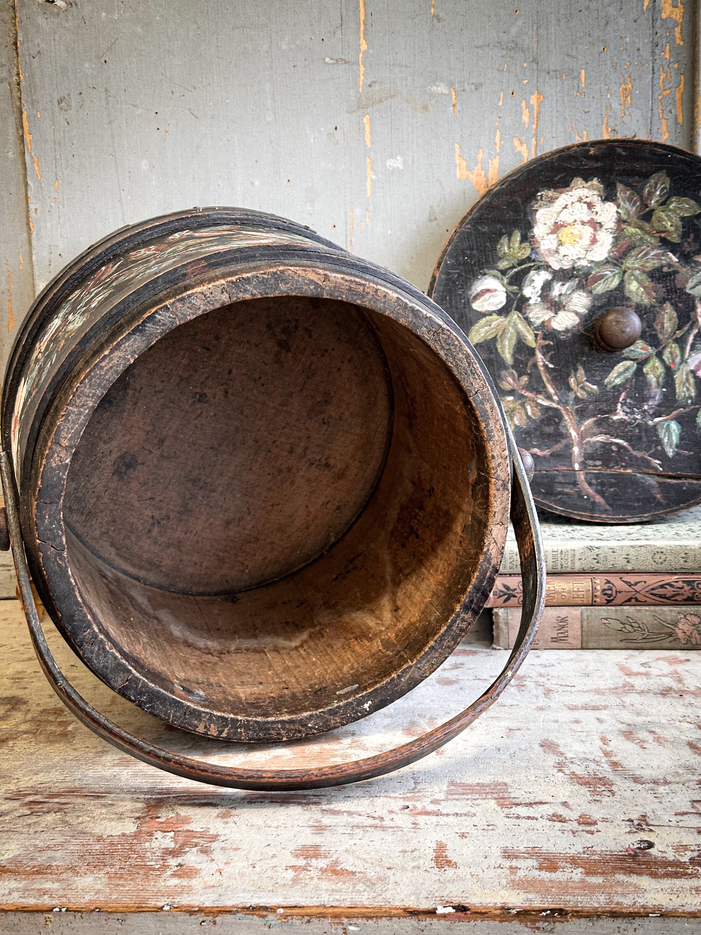 Antique Hand Painted Wooden Firkin Bucket (Scandi Folk Style)