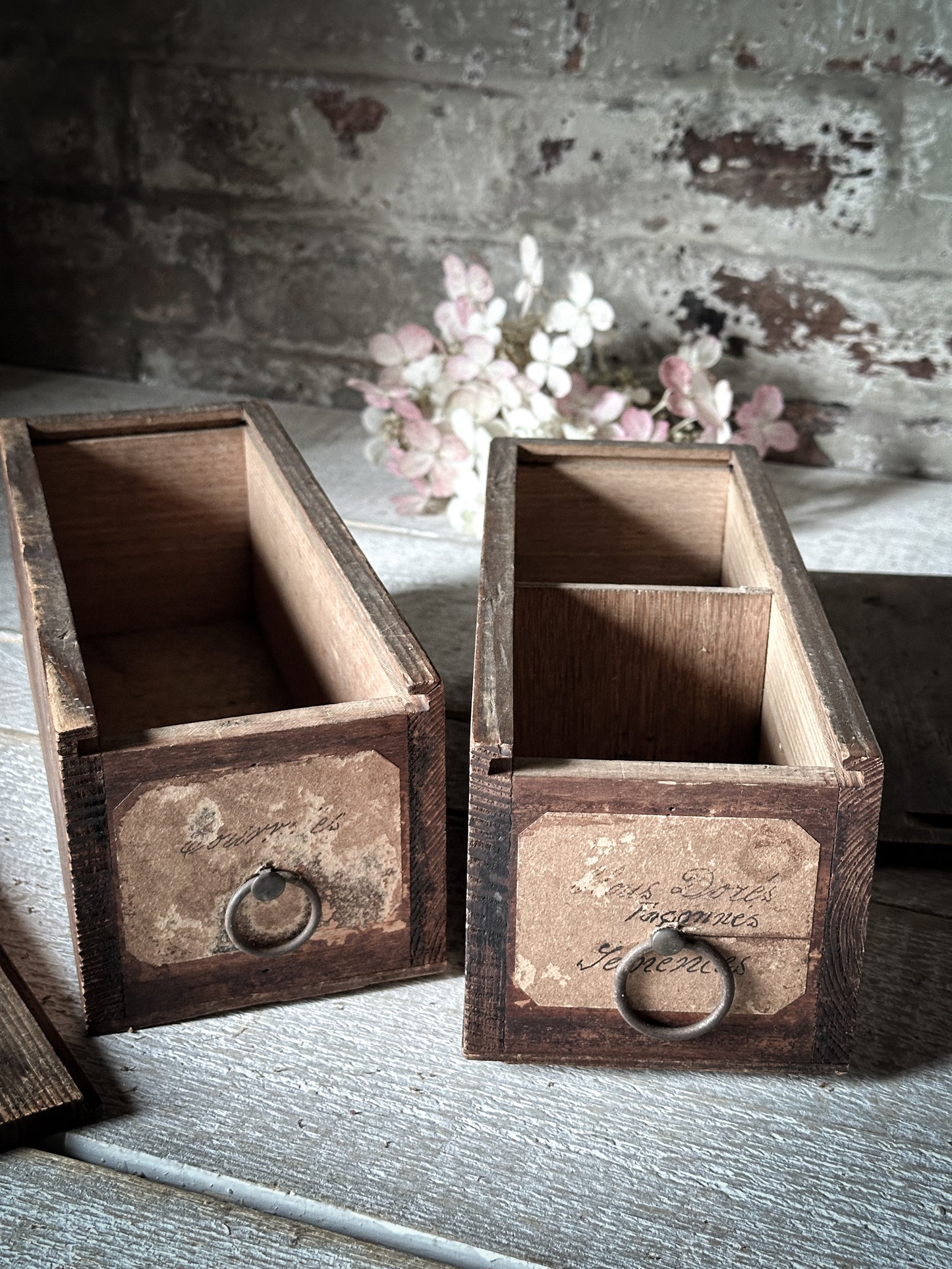 A wonderful French wooden engineer’s drawer with hand written label and sliding lid