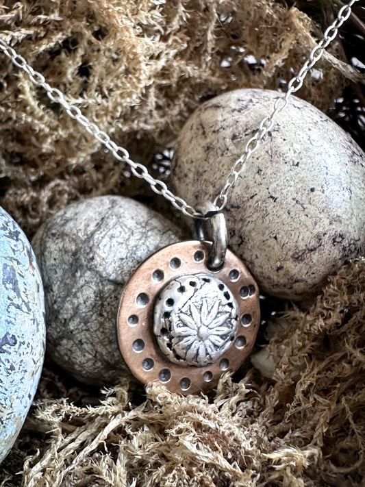 Moon Garden Medallion – Fine Silver Botanical Sprig on Hand-Stamped Copper