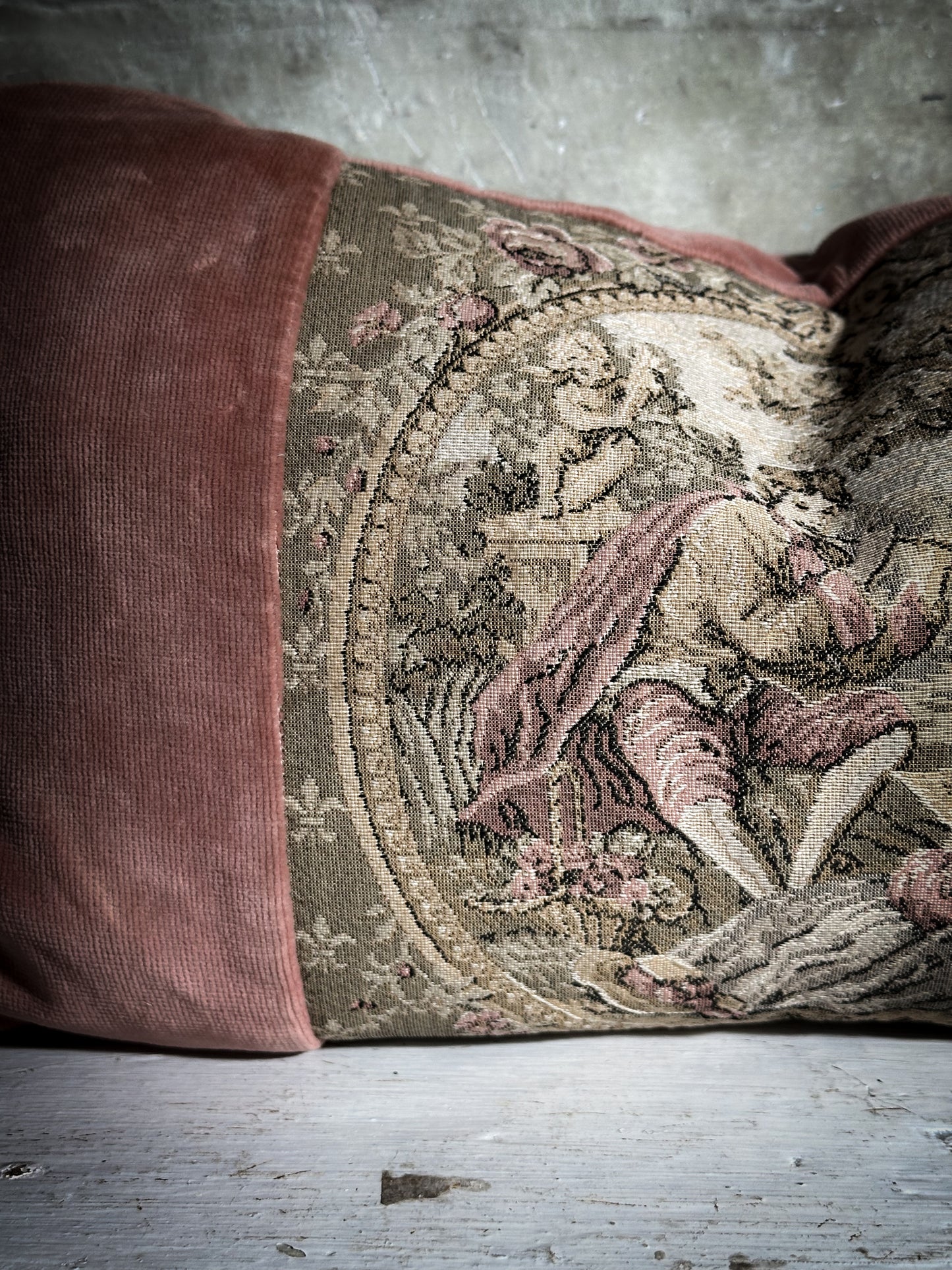 A Vintage Velvet Tapestry Fragonard Mini Bolster Cushion