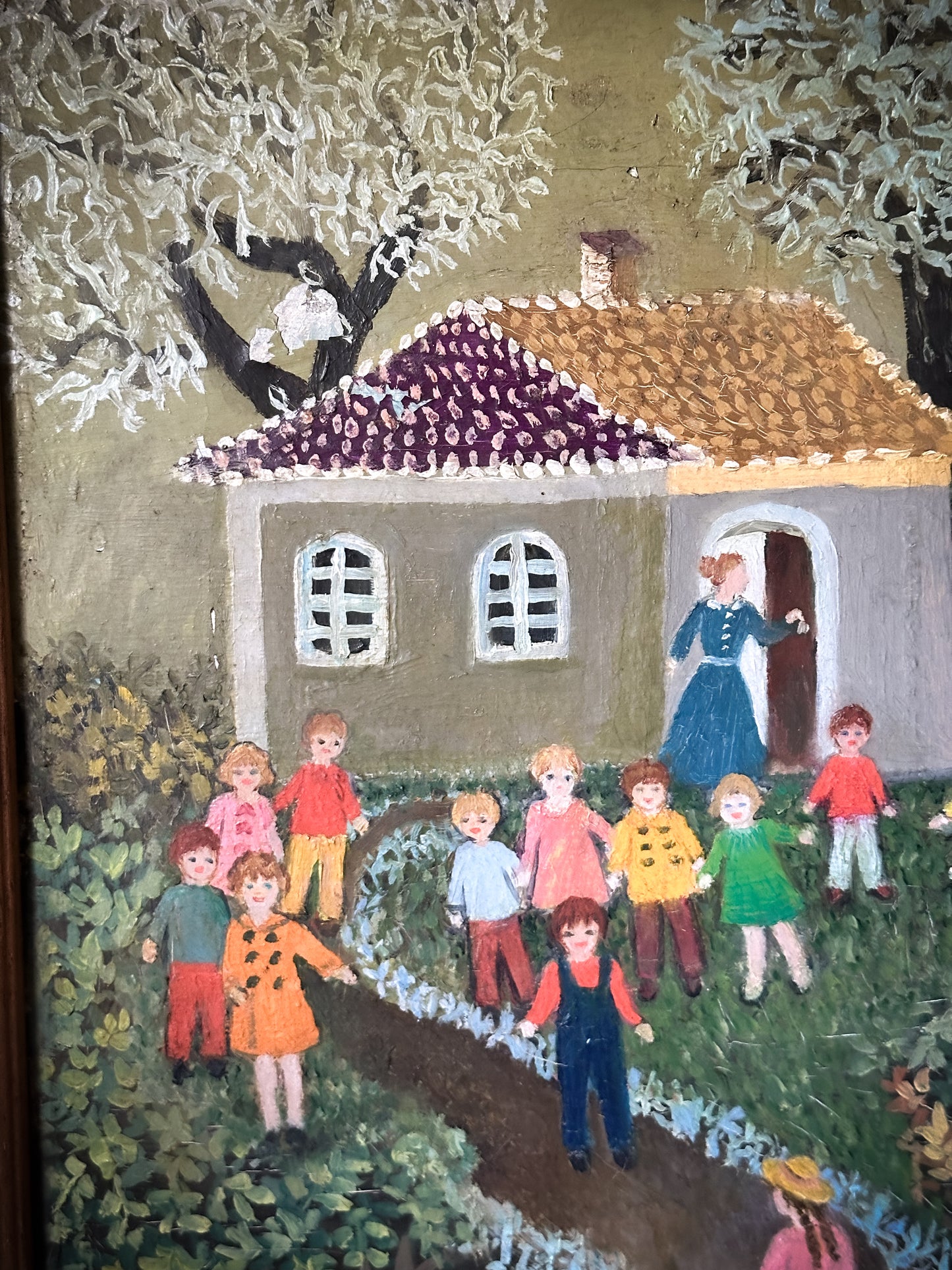 A Wonderful Vintage Naive Oil on Canvas Painting of a Nursery Rhyme “Mary Had a Little Lamb”