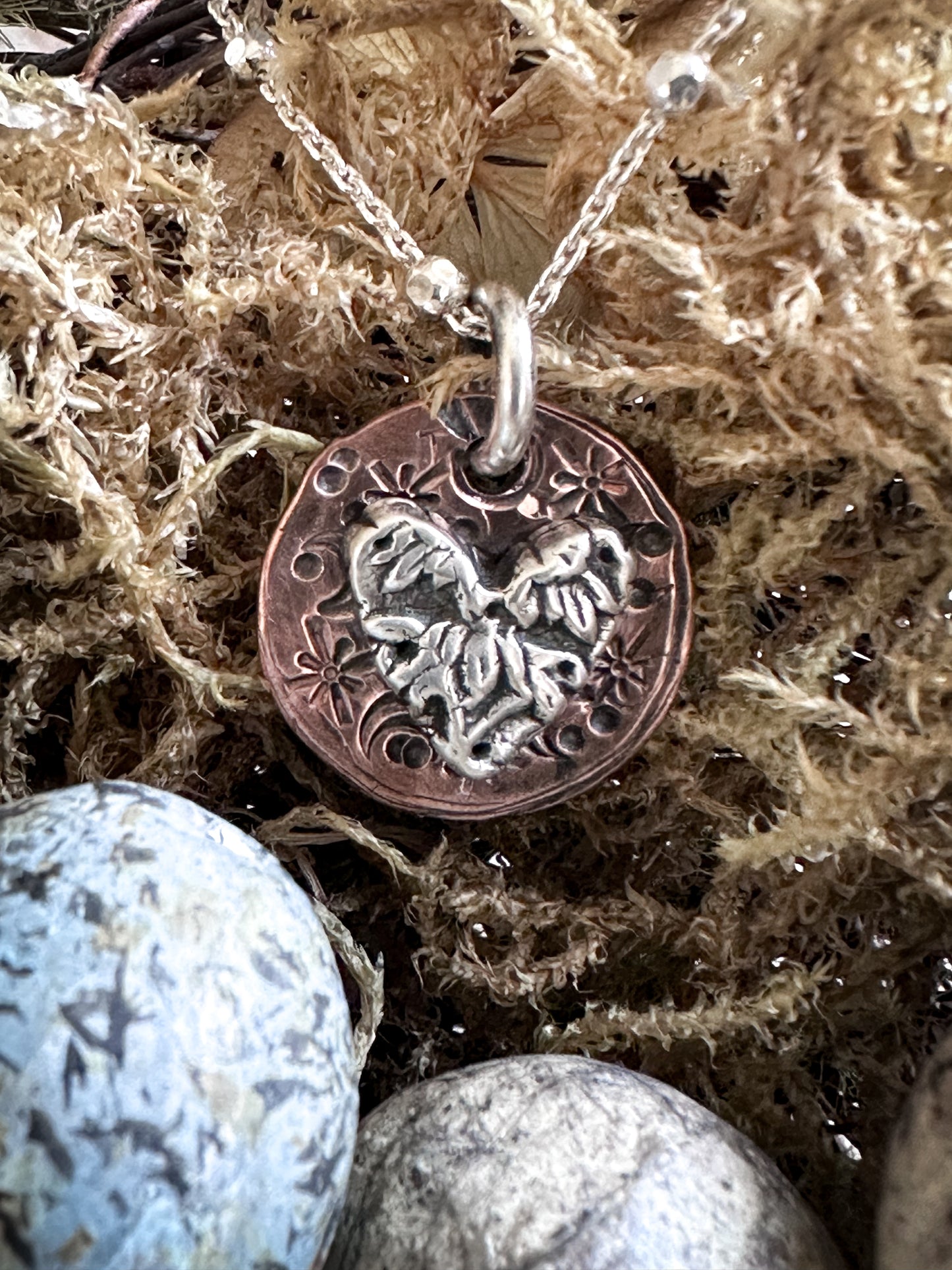 Moon Garden Heart Necklace – Fine Silver Wedgwood Sprig on Star-Stamped Copper