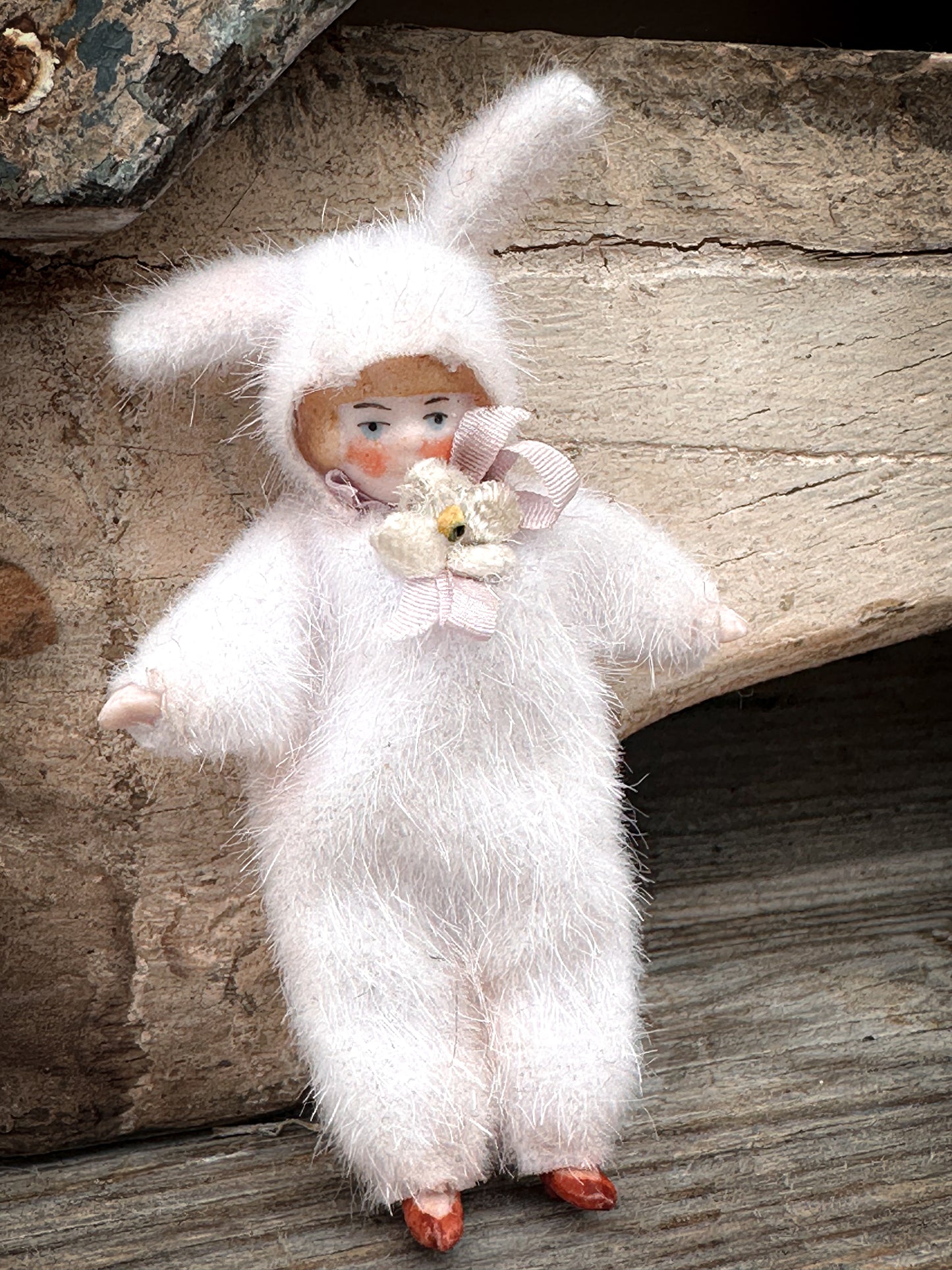 One of a Kind Handmade Artist Bunny Doll by Goody Two Shoes, Made from Victorian Bisque Doll, Miniature Collectible