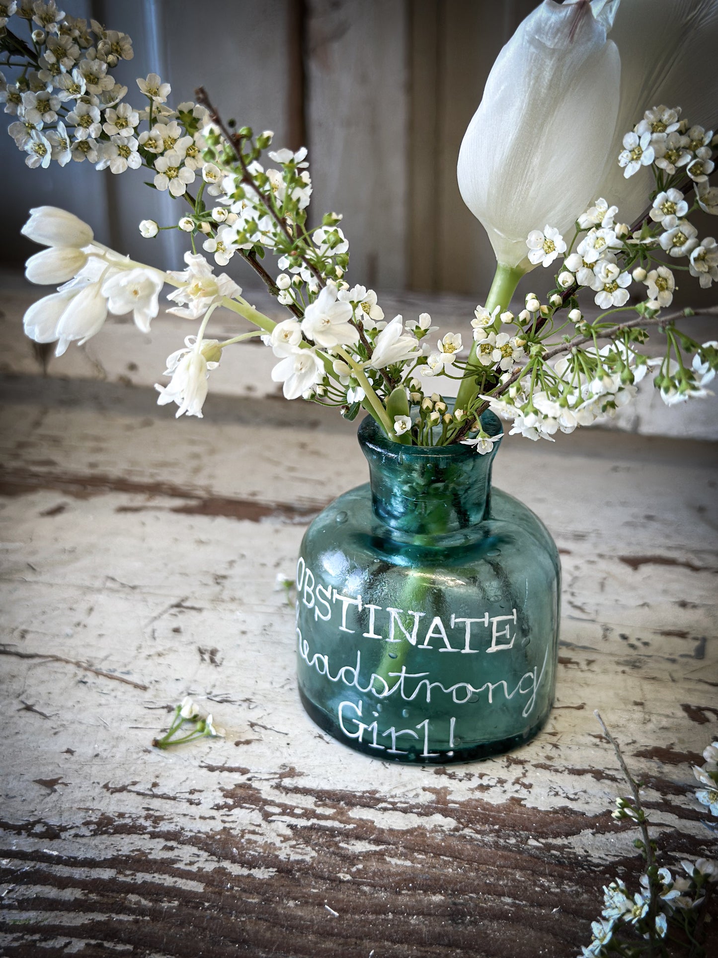 A beautiful Victorian glass ink bottle “Obstinate, headstrong girl”