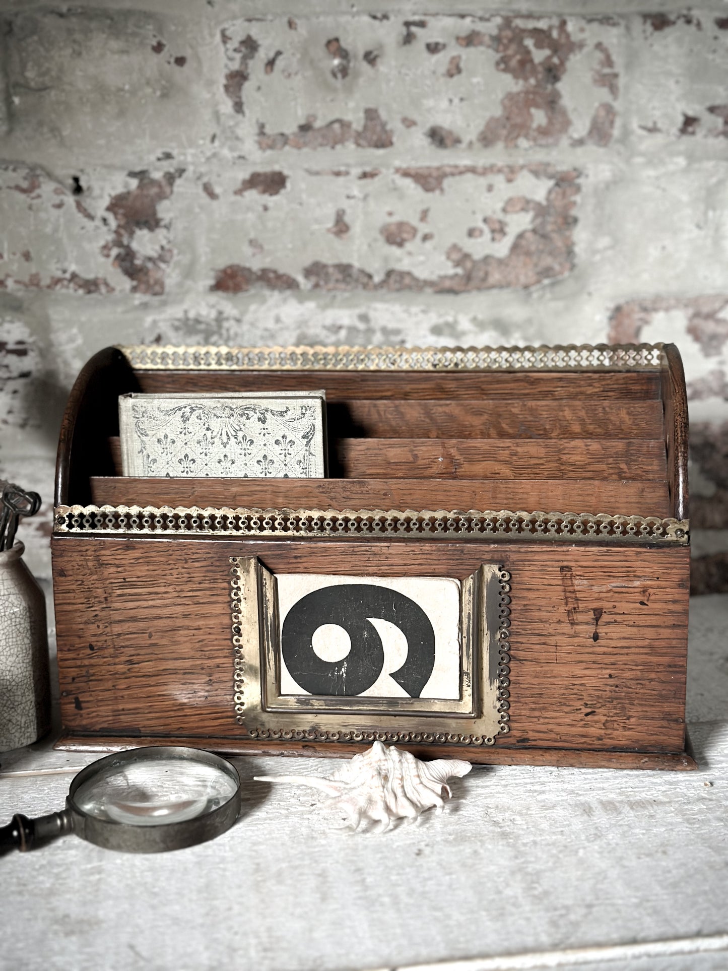 Victorian Oak Letter Rack with brass fretwork