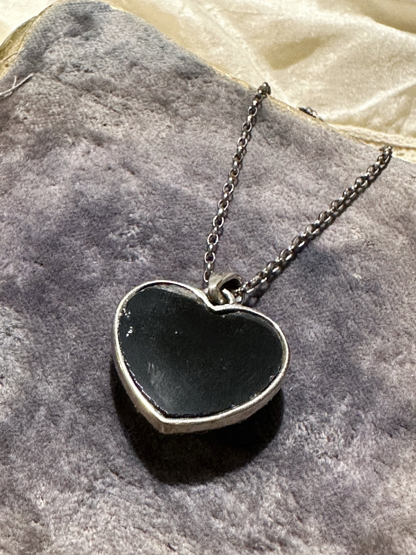 Stunning antique marcasite and onyx stone heart pendant and chain